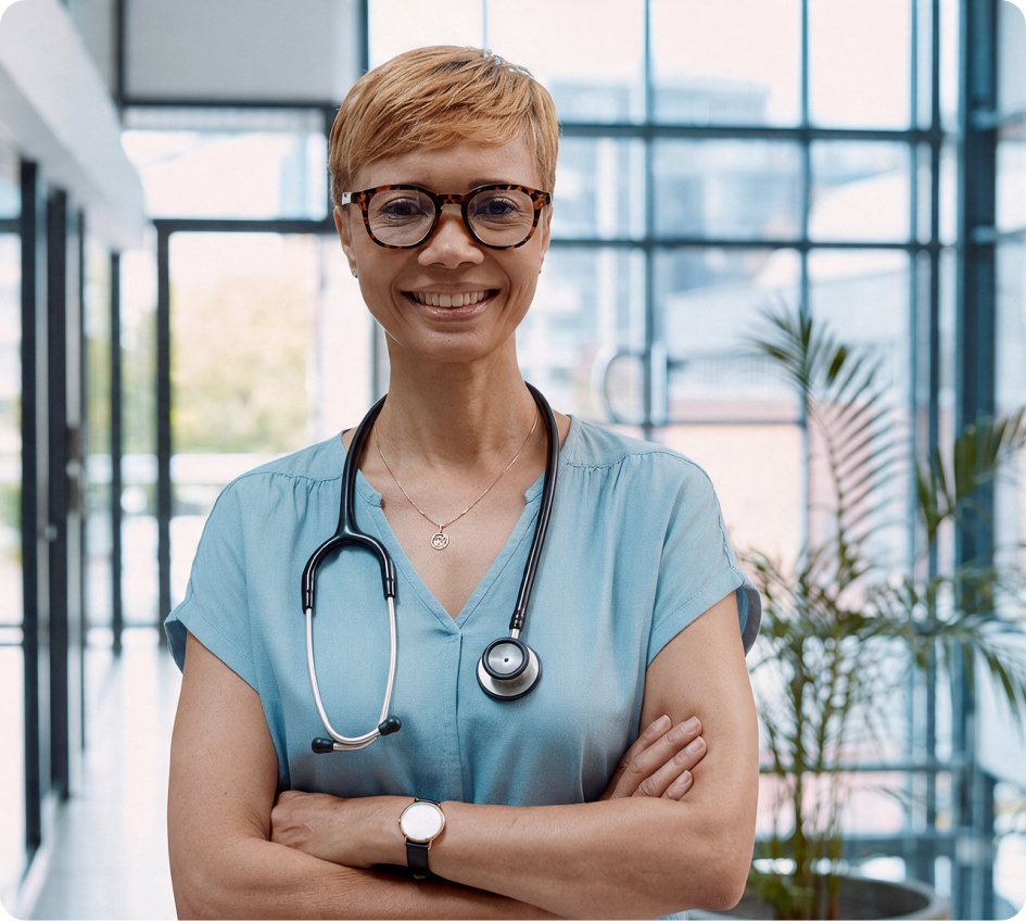 Médecin souriante, bras croisés, stéthoscope au cou