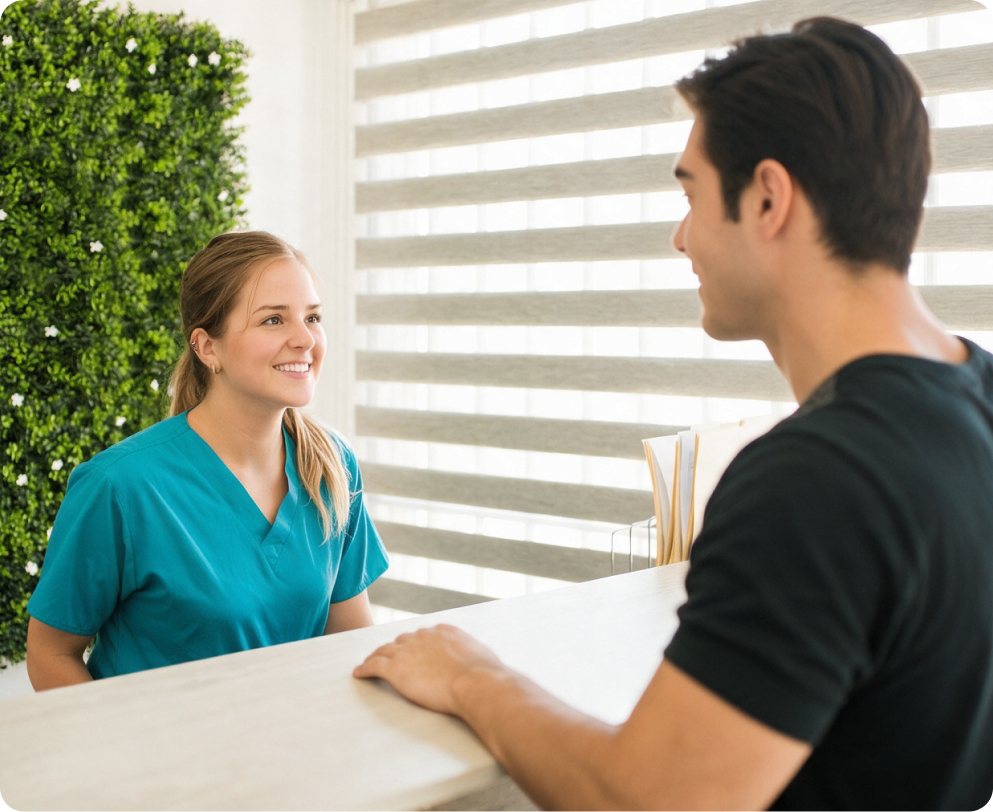 Une professionnelle de la santé accueille un patient à la réception de la clinique