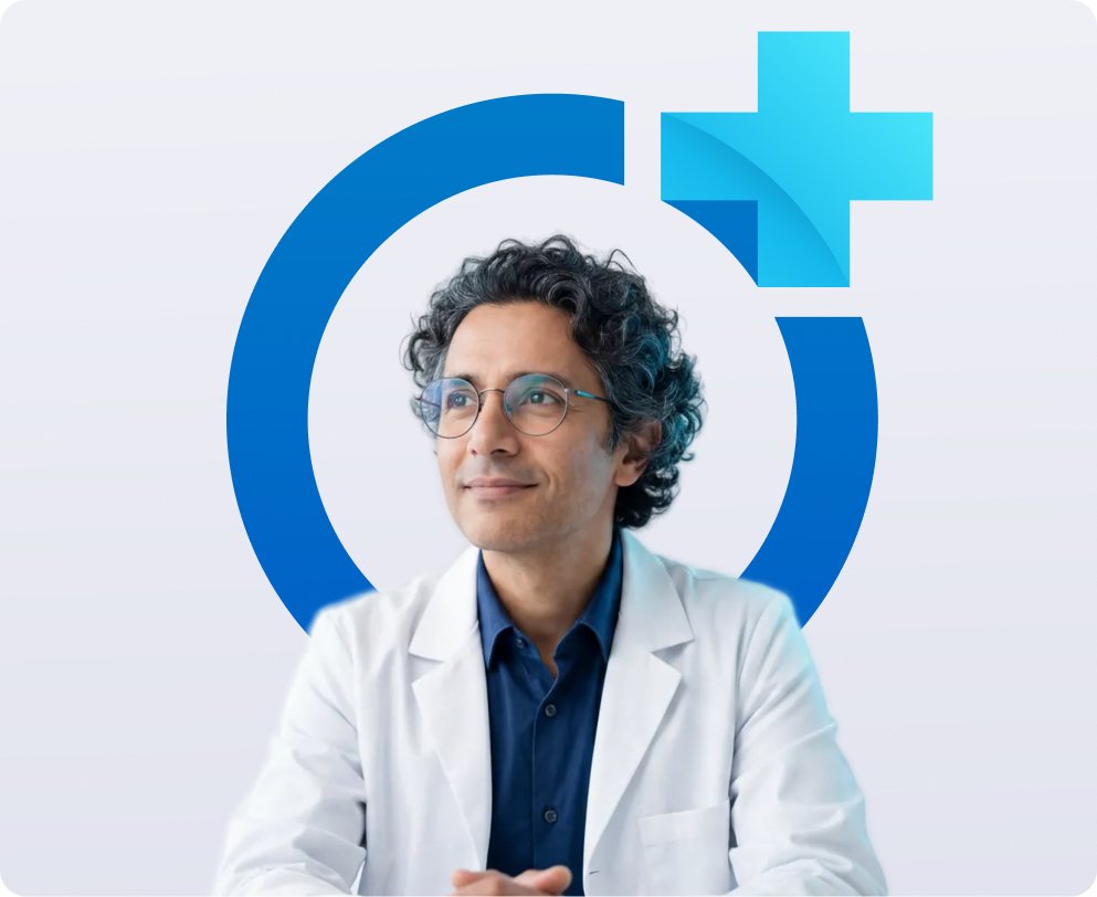Un médecin souriant devant le symbole medO